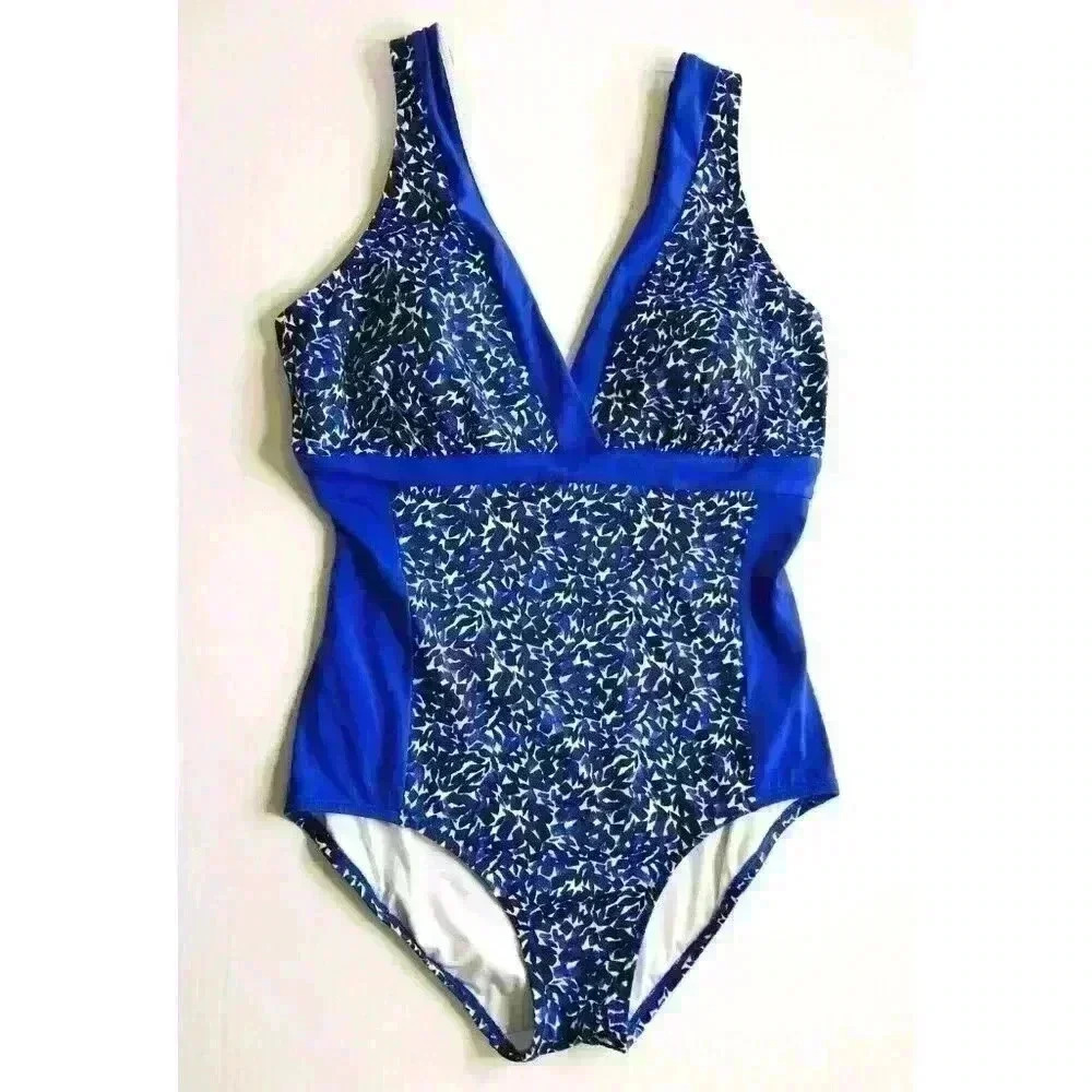L.L. Bean 1 Piece Swimsuit 16 Reg v-neck wide strap built in bra blue